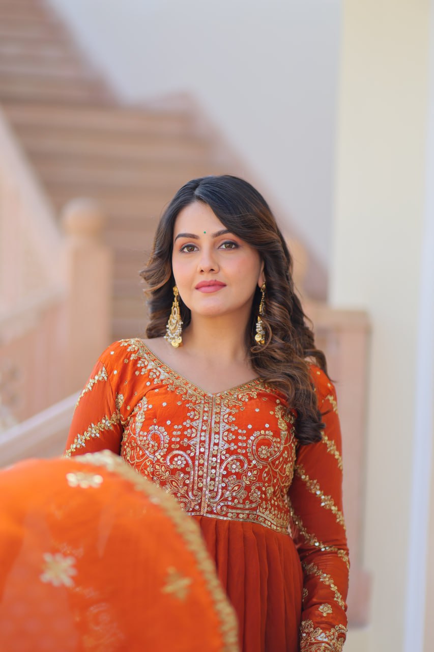 Fenta Color Fendy Fabric With Zari Sequins Embroidered Work Gown