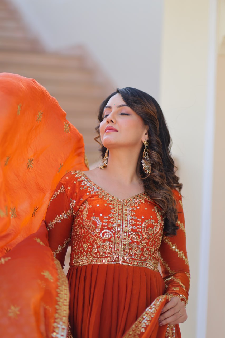 Fenta Color Fendy Fabric With Zari Sequins Embroidered Work Gown