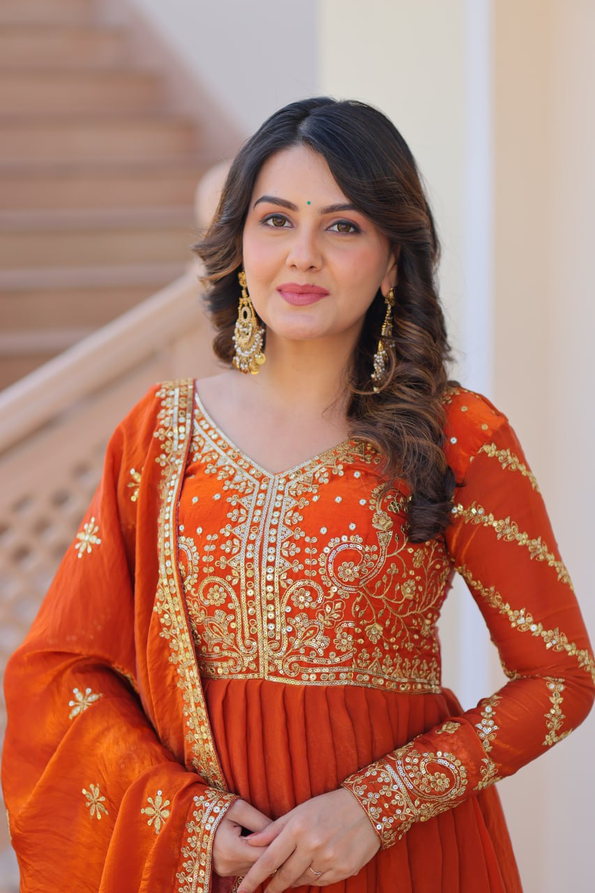 Fenta Color Fendy Fabric With Zari Sequins Embroidered Work Gown
