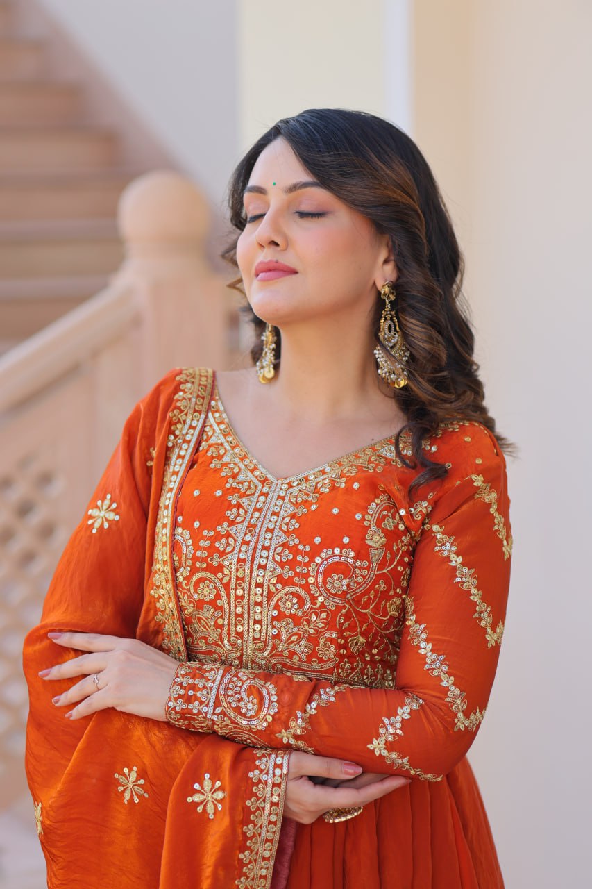 Fenta Color Fendy Fabric With Zari Sequins Embroidered Work Gown