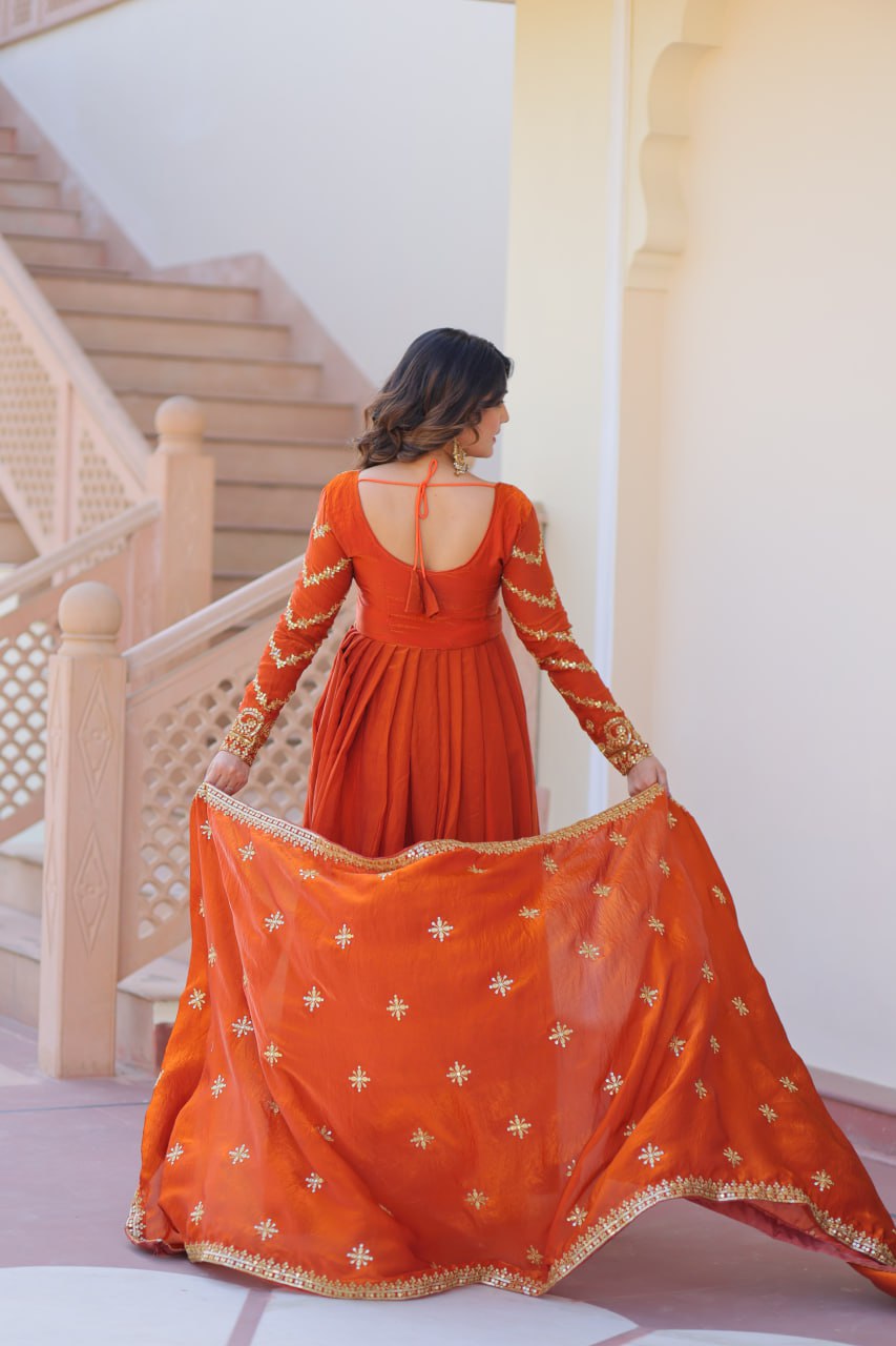 Fenta Color Fendy Fabric With Zari Sequins Embroidered Work Gown