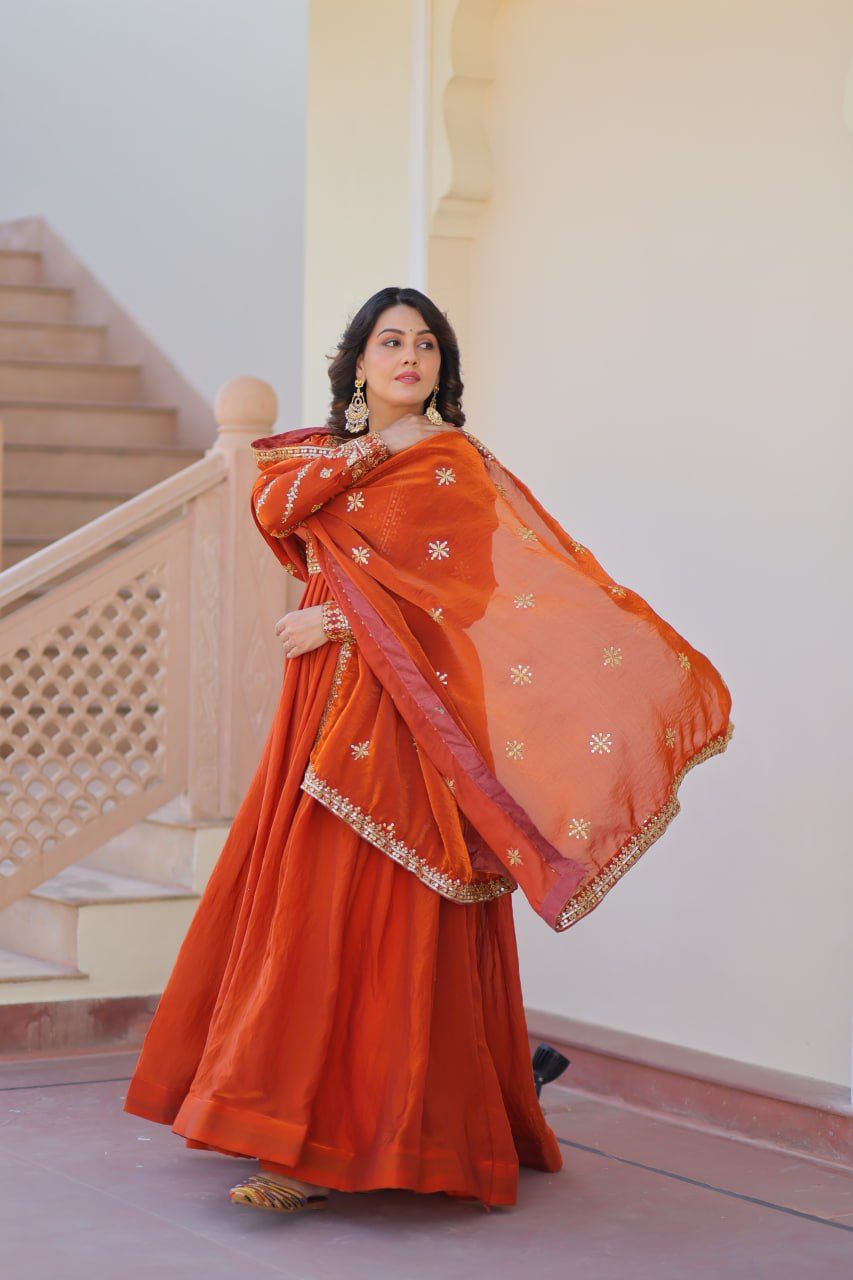 Fenta Color Fendy Fabric With Zari Sequins Embroidered Work Gown