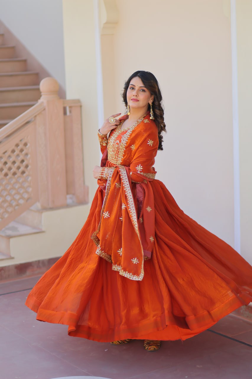 Fenta Color Fendy Fabric With Zari Sequins Embroidered Work Gown
