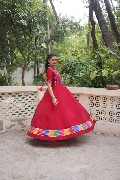 Maroon Roman Thread And Mirror Work Navratri Gown
