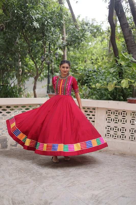 Maroon Roman Thread And Mirror Work Navratri Gown