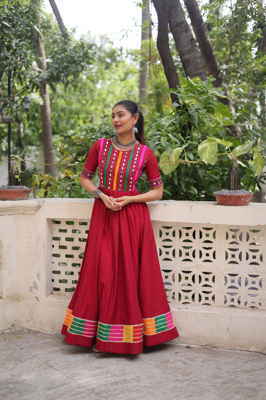 Maroon Roman Thread And Mirror Work Navratri Gown