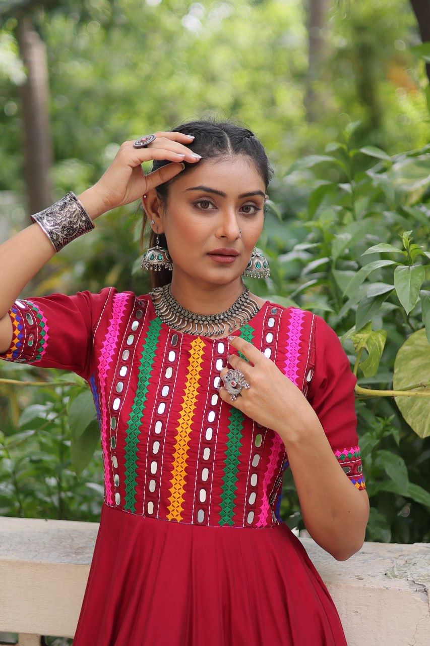 Maroon Roman Thread And Mirror Work Navratri Gown