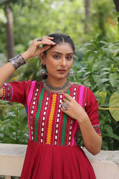 Maroon Roman Thread And Mirror Work Navratri Gown