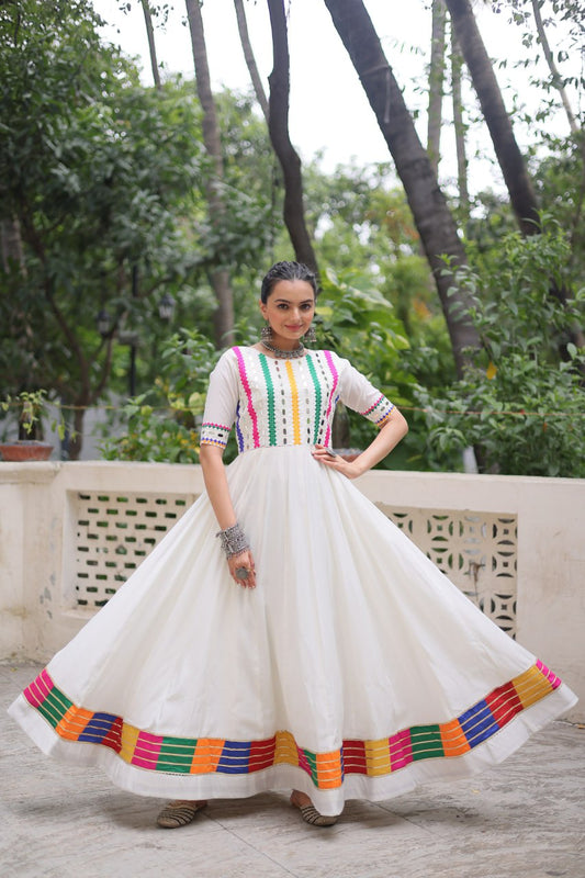 White Roman Thread And Mirror Work Navratri Gown