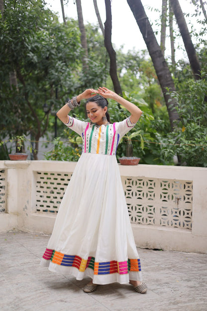 White Roman Thread And Mirror Work Navratri Gown