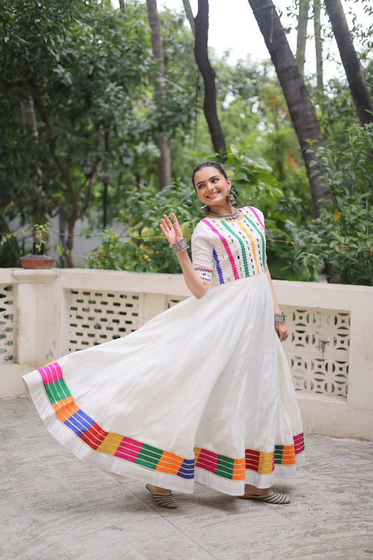 White Roman Thread And Mirror Work Navratri Gown