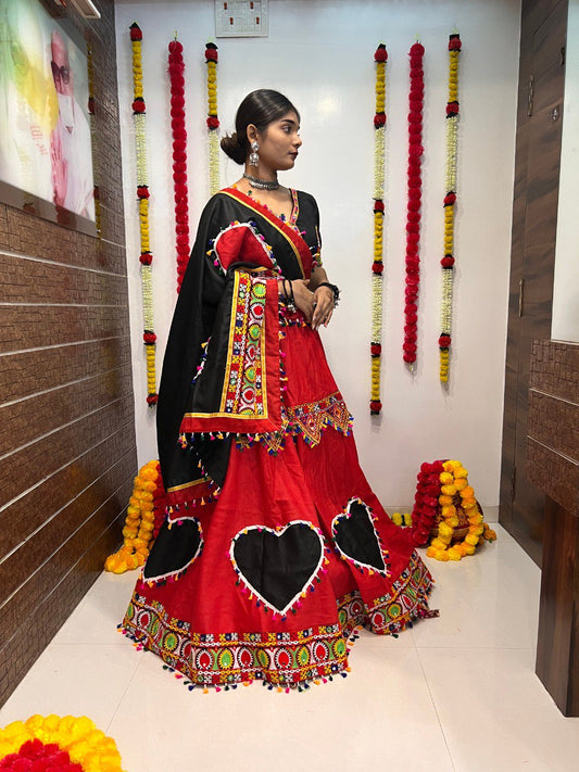 Red Cotton Silk Gamthi Work Butta Lace Work Navratri Lehenga Choli