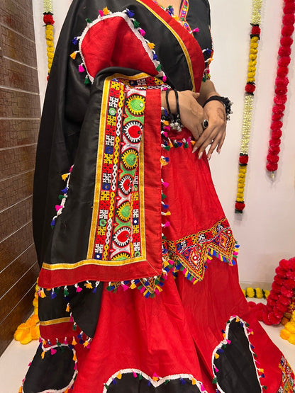 Red Cotton Silk Gamthi Work Butta Lace Work Navratri Lehenga Choli