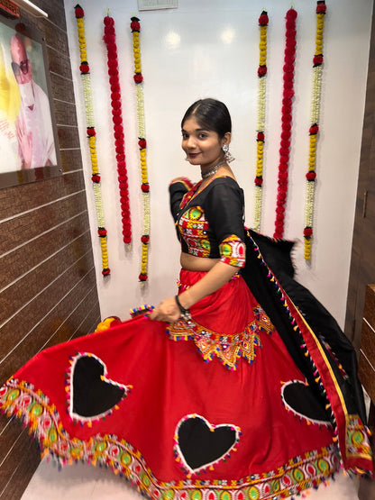 Red Cotton Silk Gamthi Work Butta Lace Work Navratri Lehenga Choli
