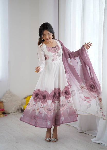 Onion Pink Organja Silk Flower Position Print Outing Work Salwar Suit