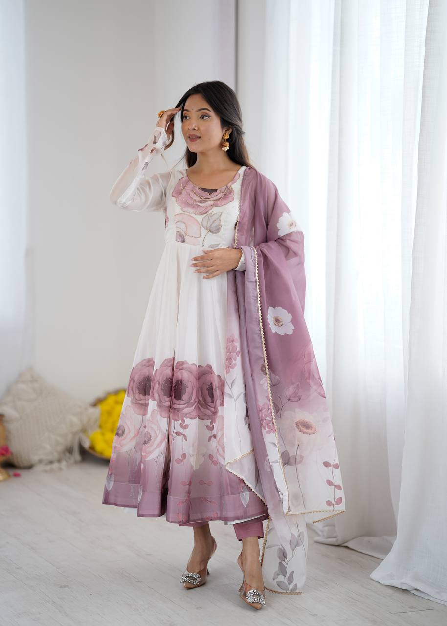 Onion Pink Organja Silk Flower Position Print Outing Work Salwar Suit
