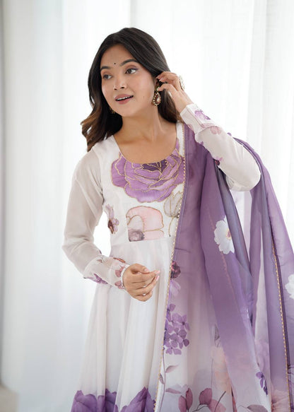 Voilet Organja Silk Flower Position Print Outing Work Salwar Suit