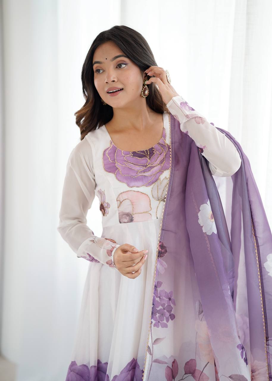 Voilet Organja Silk Flower Position Print Outing Work Salwar Suit