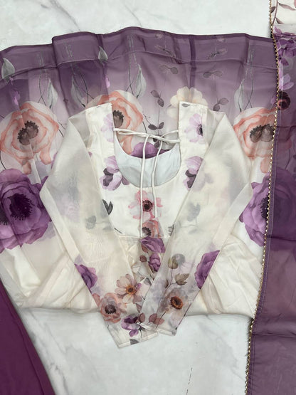 Voilet Organja Silk Flower Position Print Outing Work Salwar Suit