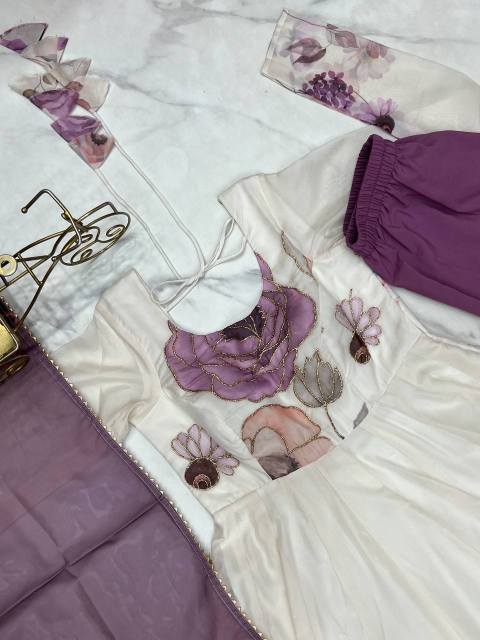 Voilet Organja Silk Flower Position Print Outing Work Salwar Suit