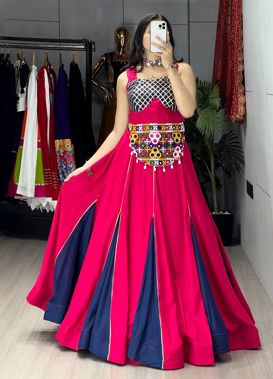 Gajri And Navy Blue Pure Rayon Cotton Fancy Kali Work Navratri Lehenga Choli