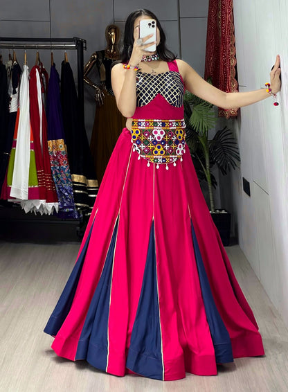 Gajri And Navy Blue Pure Rayon Cotton Fancy Kali Work Navratri Lehenga Choli
