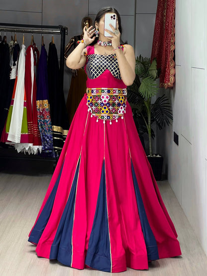 Gajri And Navy Blue Pure Rayon Cotton Fancy Kali Work Navratri Lehenga Choli