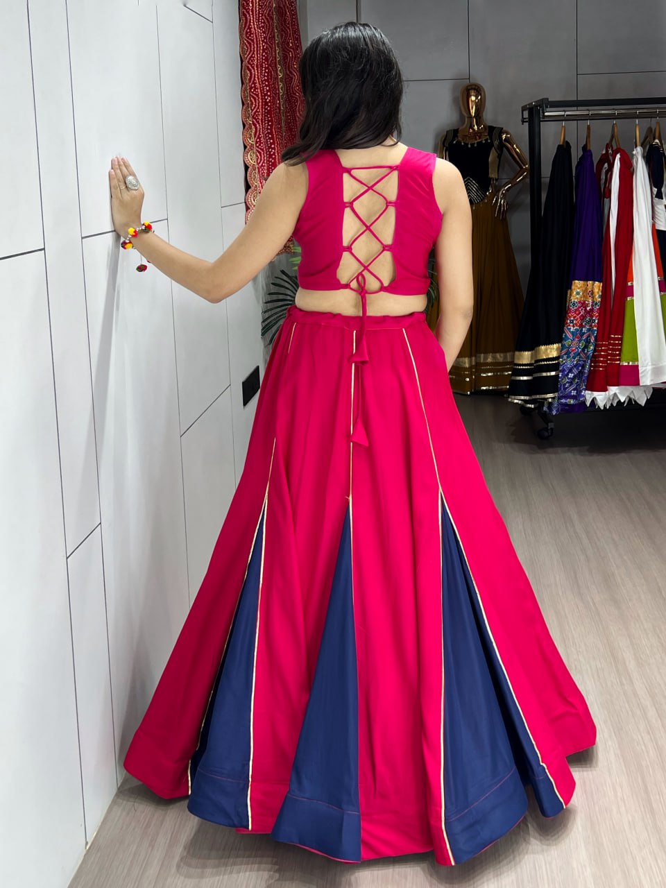 Gajri And Navy Blue Pure Rayon Cotton Fancy Kali Work Navratri Lehenga Choli