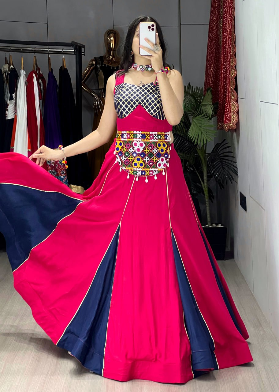 Gajri And Navy Blue Pure Rayon Cotton Fancy Kali Work Navratri Lehenga Choli