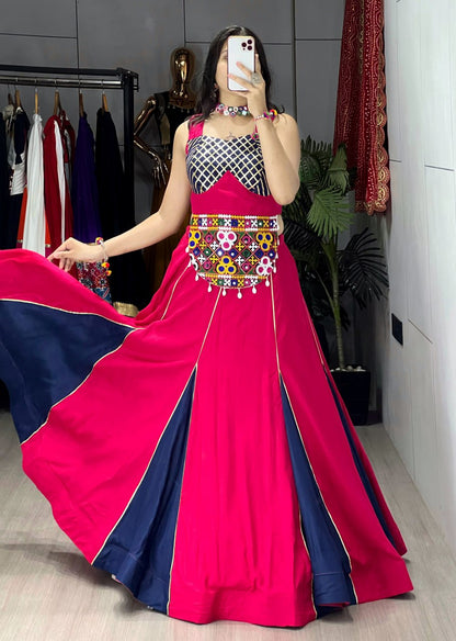 Gajri And Navy Blue Pure Rayon Cotton Fancy Kali Work Navratri Lehenga Choli