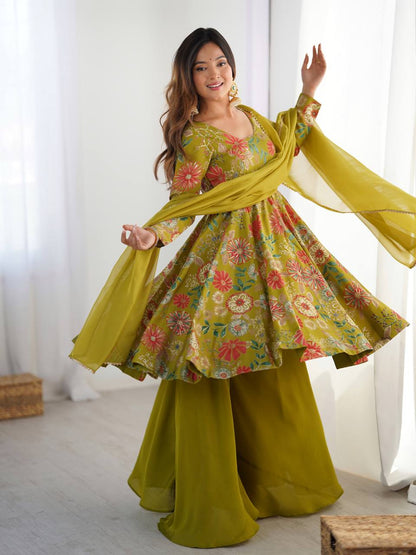 Mehandi Chanderi Discharge Print Fabric Fancy Lace Work Palazzo Suit Set