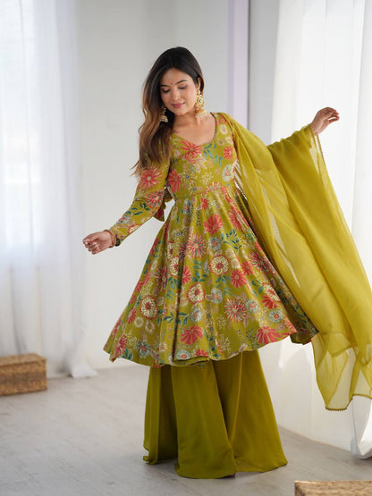 Mehandi Chanderi Discharge Print Fabric Fancy Lace Work Palazzo Suit Set