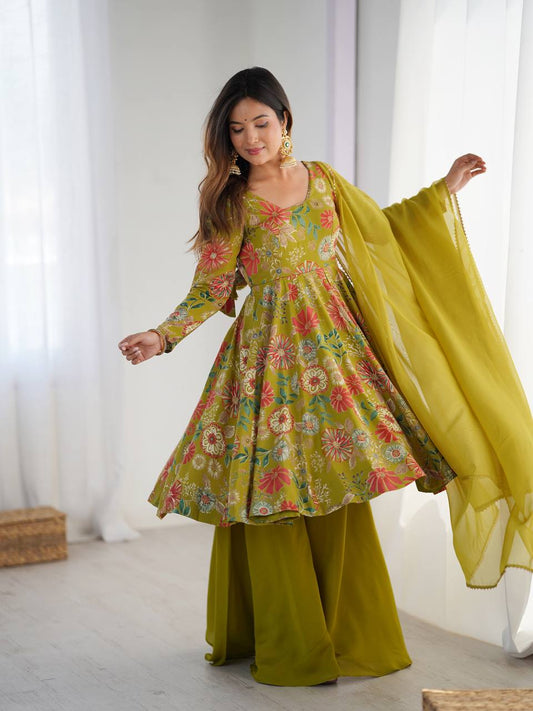Mehandi Chanderi Discharge Print Fabric Fancy Lace Work Palazzo Suit Set