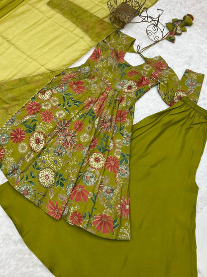 Mehandi Chanderi Discharge Print Fabric Fancy Lace Work Palazzo Suit Set