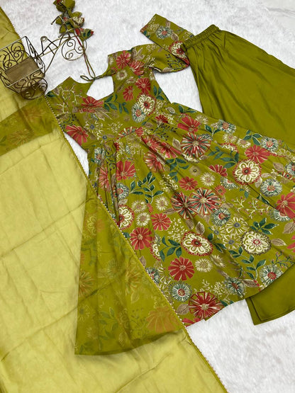 Mehandi Chanderi Discharge Print Fabric Fancy Lace Work Palazzo Suit Set