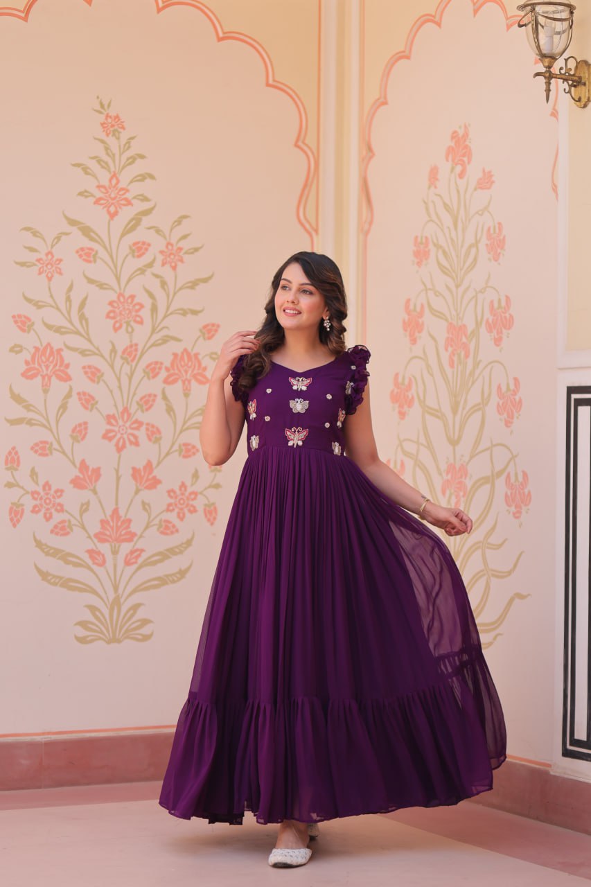 Purple Faux Blooming With Sequins Embroidered Work Sleevesless Gown