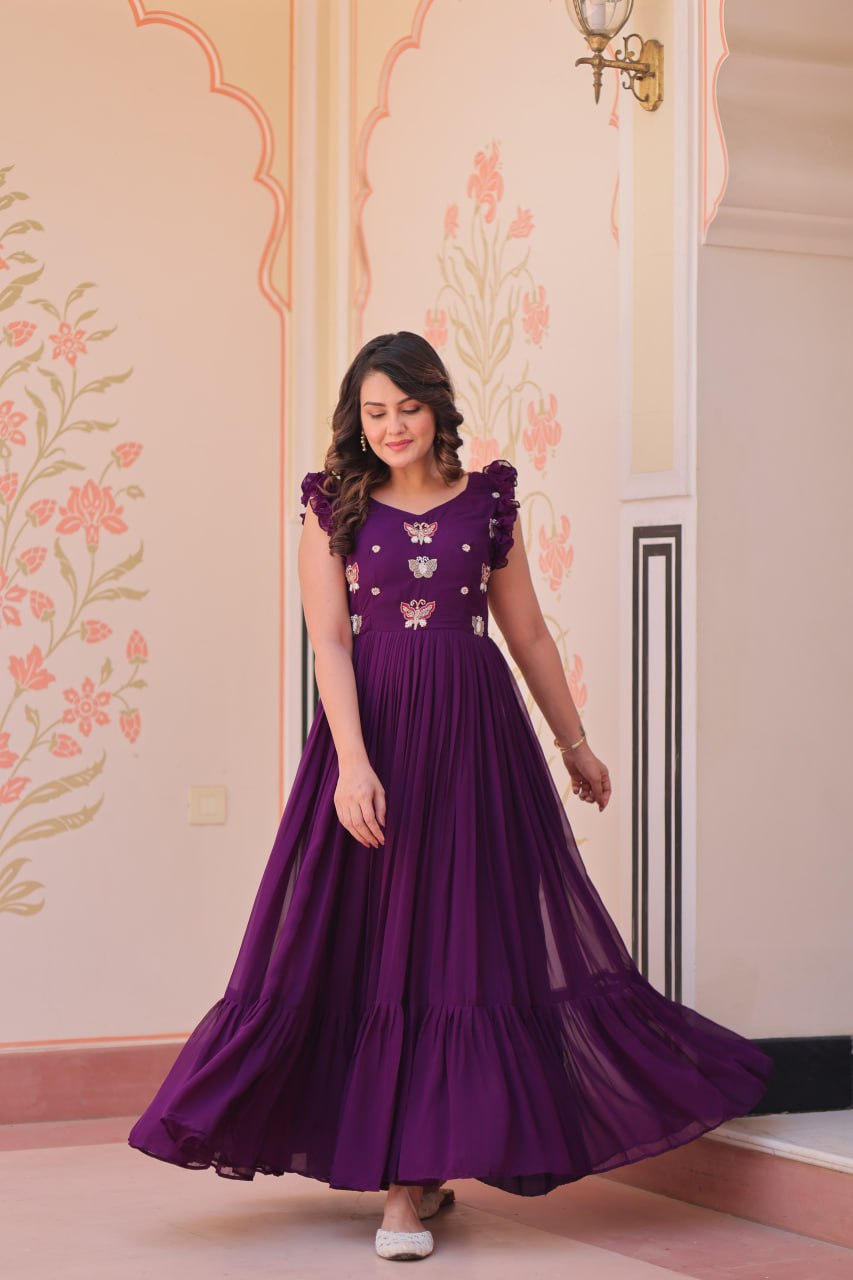 Purple Faux Blooming With Sequins Embroidered Work Sleevesless Gown