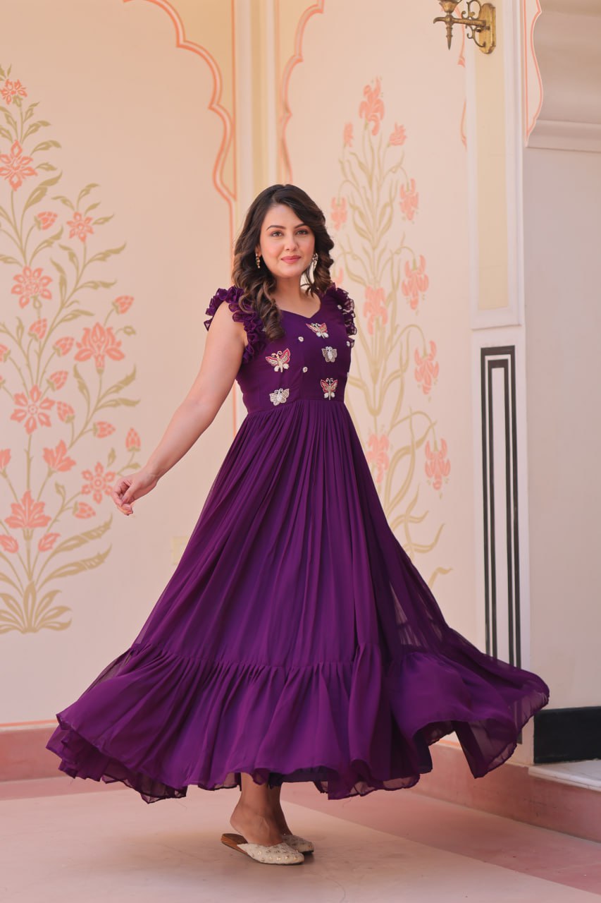 Purple Faux Blooming With Sequins Embroidered Work Sleevesless Gown