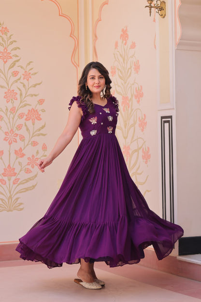 Purple Faux Blooming With Sequins Embroidered Work Sleevesless Gown