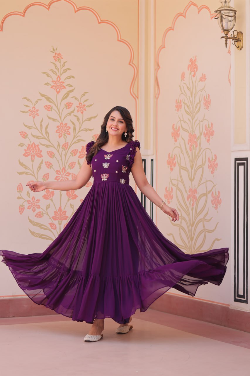 Purple Faux Blooming With Sequins Embroidered Work Sleevesless Gown