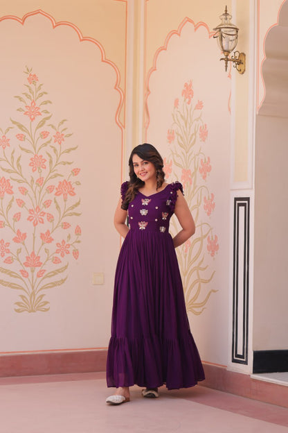 Purple Faux Blooming With Sequins Embroidered Work Sleevesless Gown