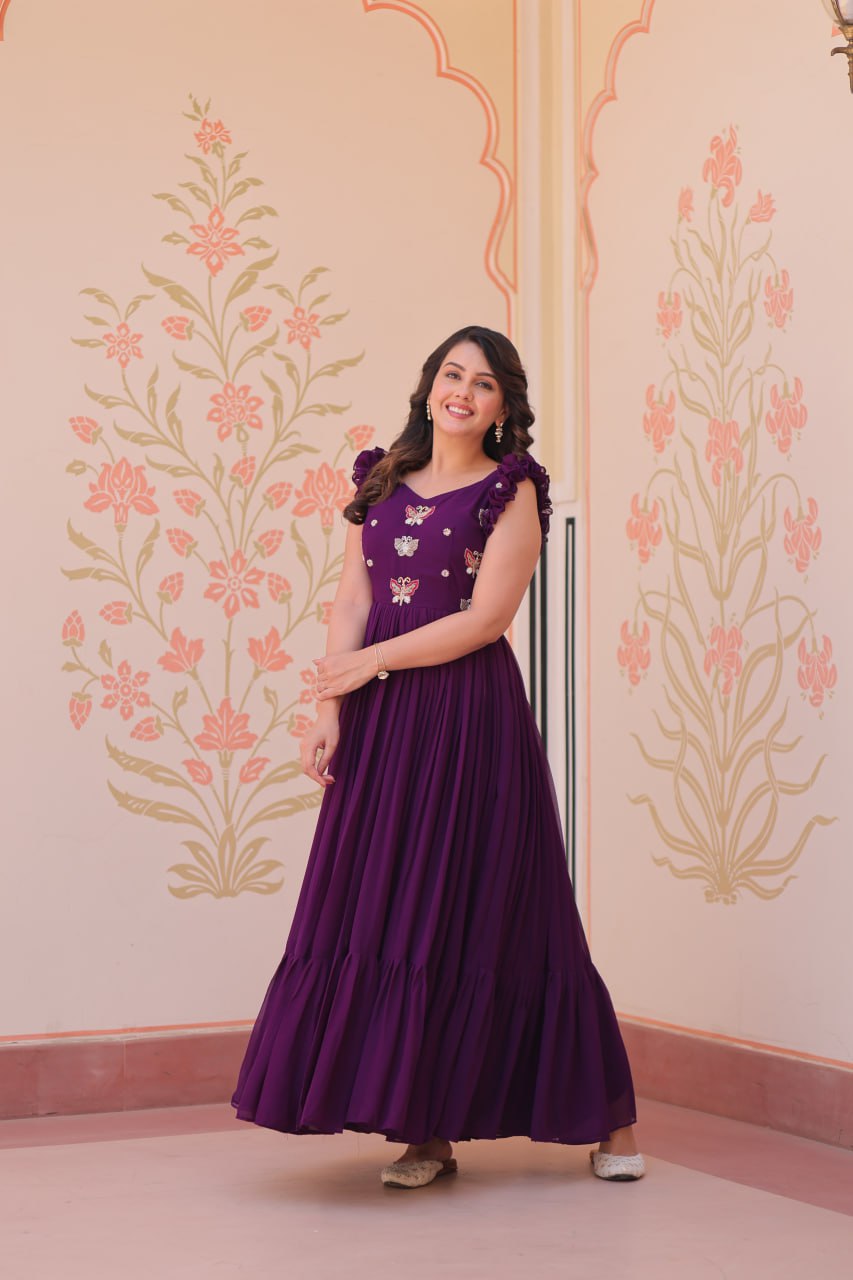 Purple Faux Blooming With Sequins Embroidered Work Sleevesless Gown