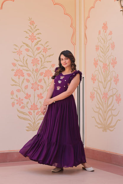 Purple Faux Blooming With Sequins Embroidered Work Sleevesless Gown