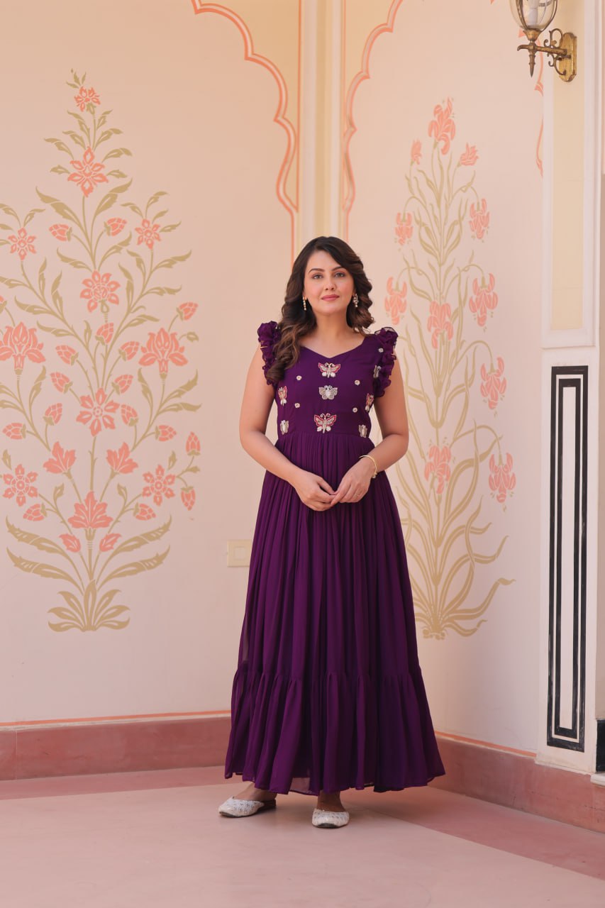 Purple Faux Blooming With Sequins Embroidered Work Sleevesless Gown