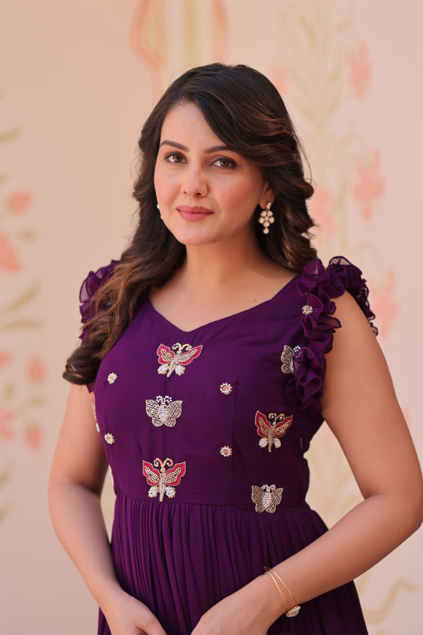 Purple Faux Blooming With Sequins Embroidered Work Sleevesless Gown