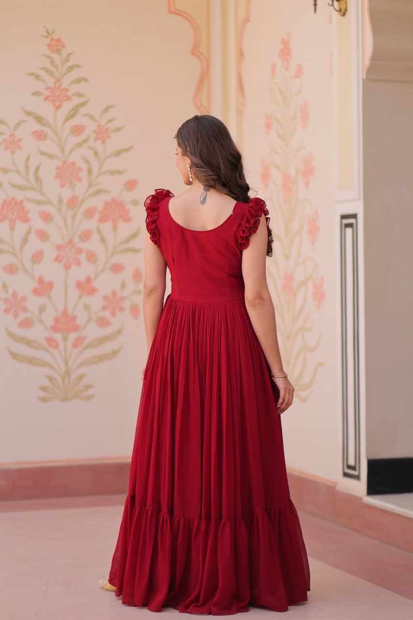 Maroon Faux Blooming With Sequins Embroidered Work Sleevesless Gown