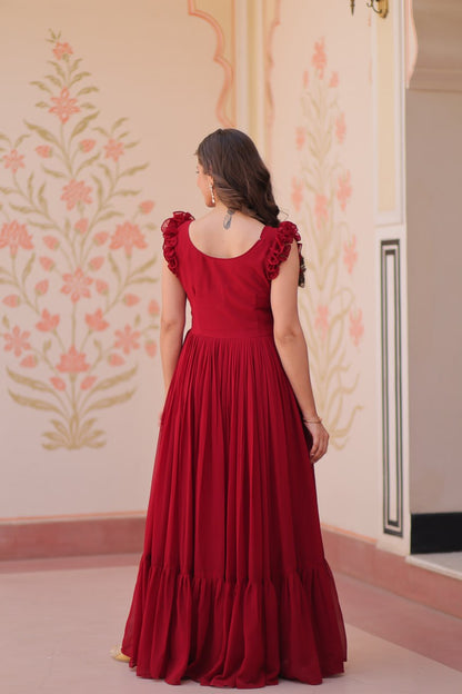 Maroon Faux Blooming With Sequins Embroidered Work Sleevesless Gown