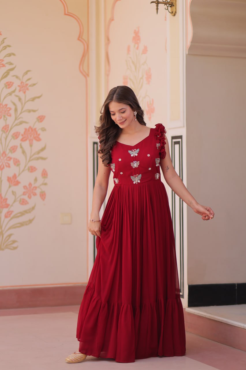Maroon Faux Blooming With Sequins Embroidered Work Sleevesless Gown