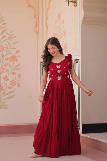 Maroon Faux Blooming With Sequins Embroidered Work Sleevesless Gown