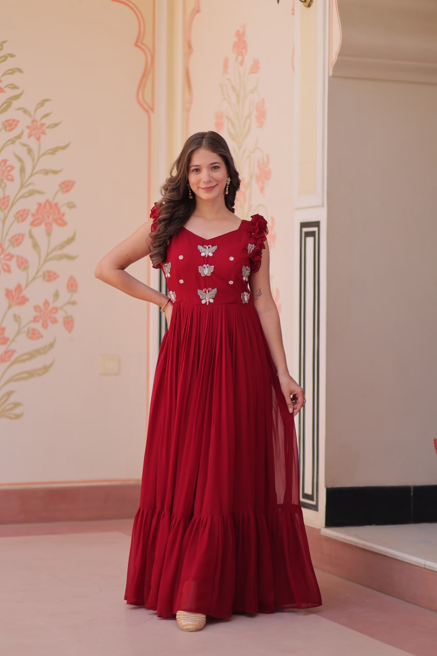 Maroon Faux Blooming With Sequins Embroidered Work Sleevesless Gown